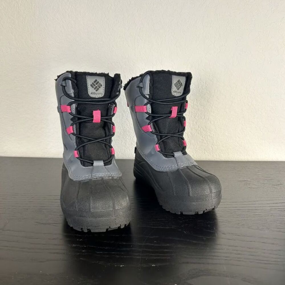Columbia Youth Powderbug Plus II Snow Boots Waterproof 400g Gray Pink Size 13